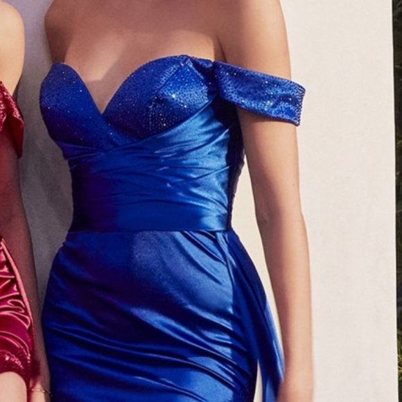 NEW LONG OFF SHOULDER SLEEVELESS SHEATH SATIN DRESS WITH ZIPPER BACK CD HT119